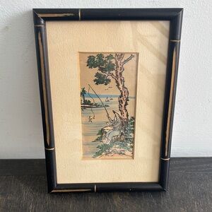 Vintage painting on silk, fisherman/tree, faux bamboo frame, matted, 8.75x6”
